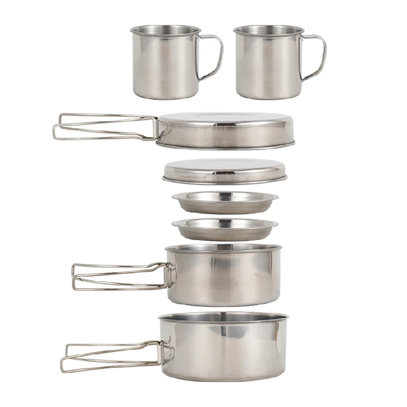 Camping Cooking Utensil Set - 8 ชิ้น/เซ็ต ชุดเครื่องครัวสำหรับตั้งแคมป์ ชุดหม้อและกระทะสแตนเลส พร้อมจาน ถ้วย