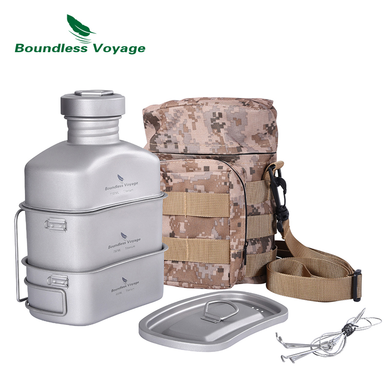 Camping Cooking Gear - Boundless Voyage กลางแจ้งโรงอาหารทหารขวด Camping เดินป่าน้ำถ้วยไทเทเนียมเครื่องครัวขวด1100Ml 750Ml