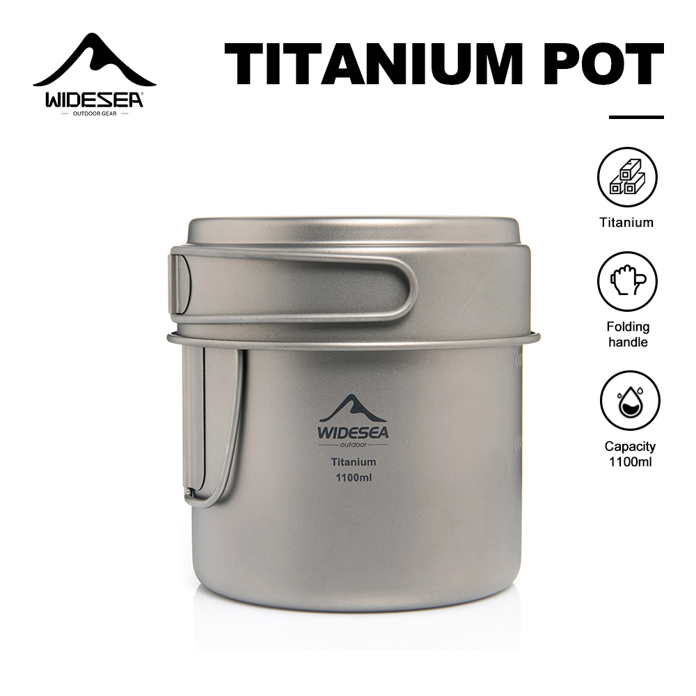 Camping Cooking Gear - หม้อตั้งแคมป์ไทเทเนียม Ultralight Widesea 1100 มล. พร้อมหูจับพับได้