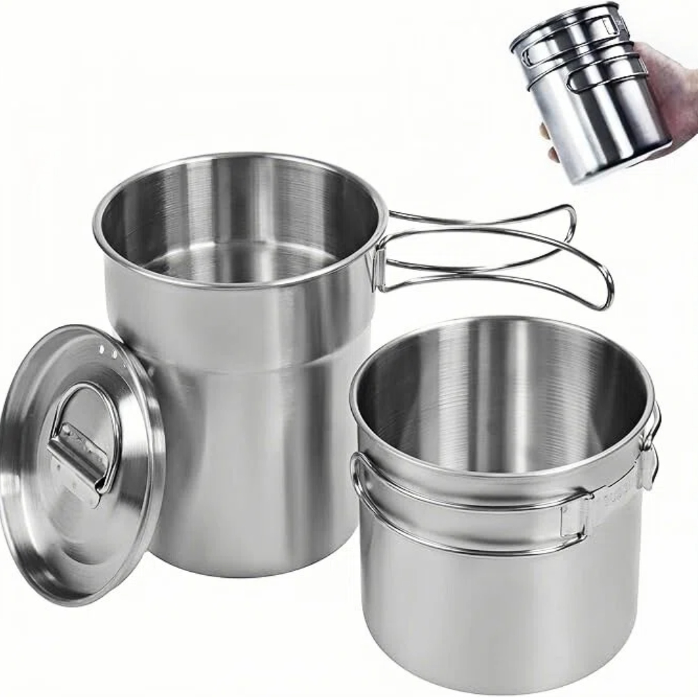 Camping Cooking Gear - แก้วพับได้สำหรับแคมป์ปิ้ง หม้อและอุปกรณ์ทำอาหารสำหรับแคมป์ปิ้ง เกรดอาหาร 304 ชุดทำอาหารกลางแจ้งพร้อมฝาแบบมีช่องระบายอากาศ ทำจากสแตนเลส