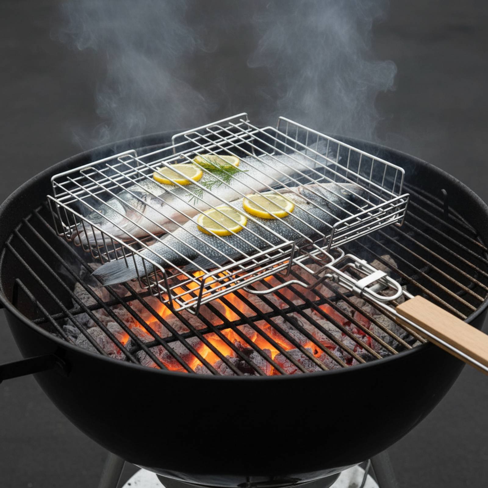Camping Cooking Gear - ตะกร้าย่างแบบมีด้ามจับไม้ ตะกร้าย่างแบบพับได้ พกพาสะดวก อุปกรณ์ทำอาหารกลางแจ้ง น้ำหนักเบา ใช้สัมผัสอาหารได้โดยตรง