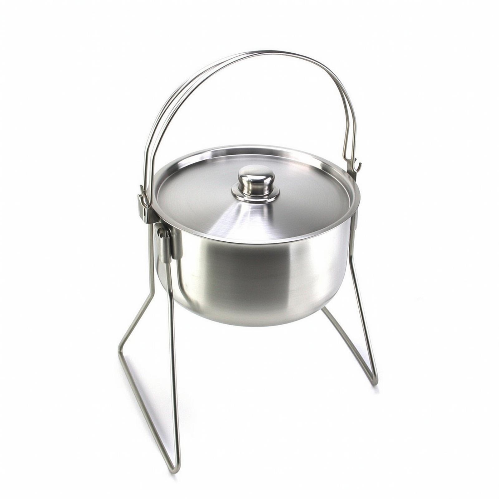Camping Cooking Pot Tripod - หม้อพร้อมขาตั้งสามขา หม้อแคมป์ปิ้งสแตนเลสพร้อมฝาปิด สำหรับนักเดินทางไกล นักเอาตัวรอด การทำอาหารบนกองไฟ และกิจกรรมบุชคราฟต์