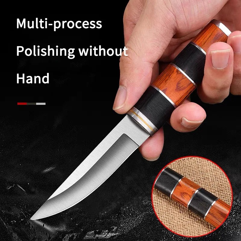 Camping Cooking Knife With Sheath - มีดบาร์บีคิวสแตนเลสพรีเมียมพร้อมปลอกหนัง-ด้ามจับไม้ตามหลักสรีรศาสตร์, มีดสับเนื้อสำหรับงานหนักสำหรับทำอาหารแคมป์ปิ้ง, แคมป์ปิ้ง