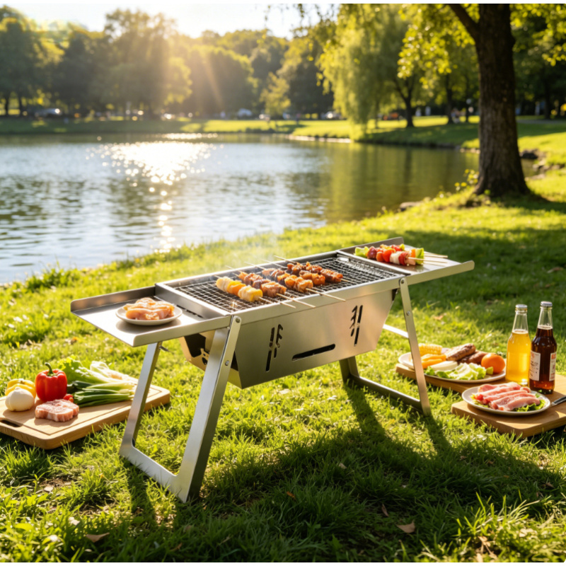 Camping Cooking Set Compact - เตาบาร์บีคิวพกพาสแตนเลสแบบพับได้สำหรับใช้กลางแจ้ง เตาถ่านขนาดกะทัดรัดสำหรับตั้งแคมป์ปิกนิก พร้อมตะแกรงย่างและชุดอุปกรณ์สำหรับเดินทาง