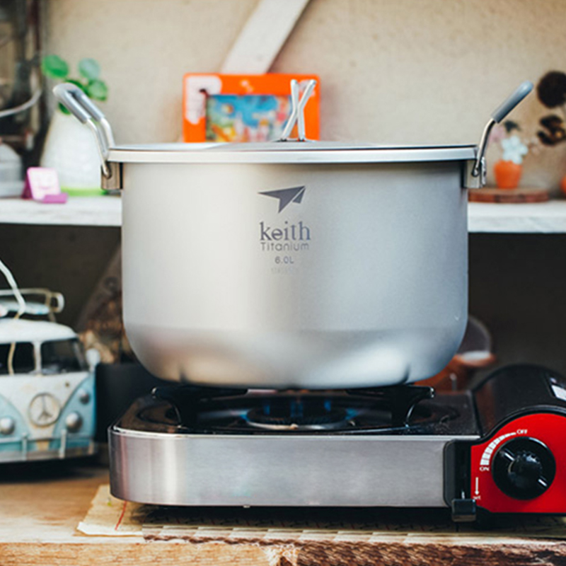 Camping Cooking Utensil Set - Keith-Camping ชุดทําอาหาร,เครื่องครัวไทเทเนียม Stockpot 6L,Bacteriostatic Flatware,เดินป่ากลางแจ้งปิคนิคหม้อไทเทเนียม