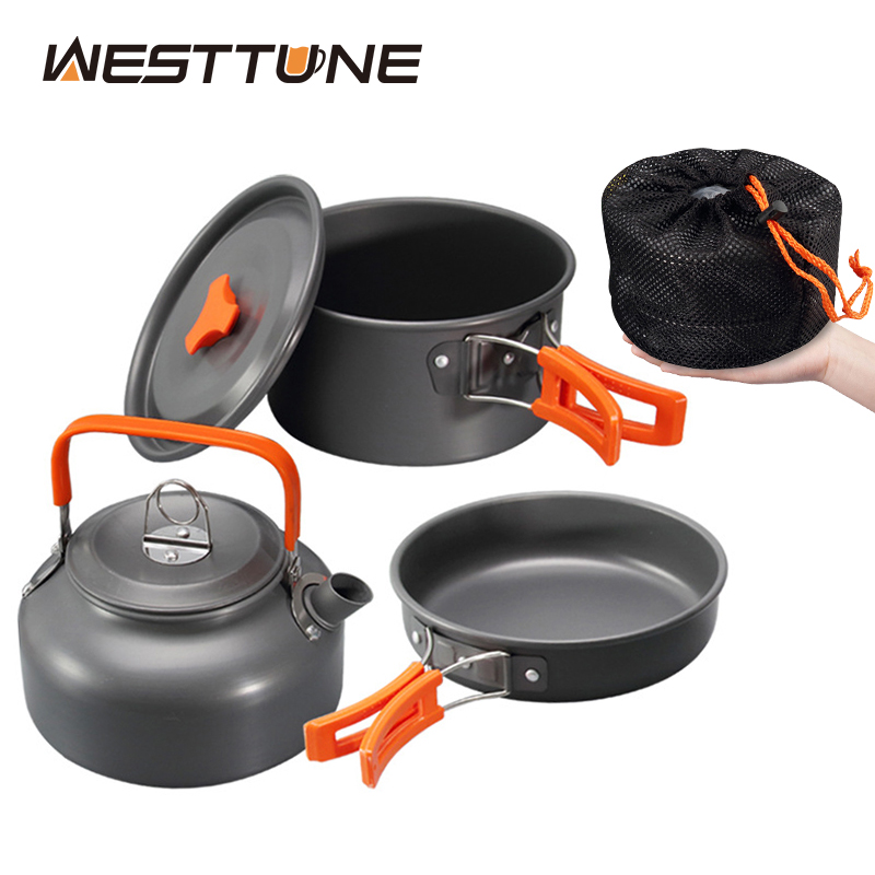 Camping Cooking Gear - WESTTUNE ชุดเครื่องครัวตั้งแคมป์อลูมิเนียมกลางแจ้งแบบพกพาชุดทําอาหารหม้อกาต้มน้ําสําหรับตั้งแคมป์บนโต๊ะอาหารเดินป่าปิคนิค 3 ชิ้น