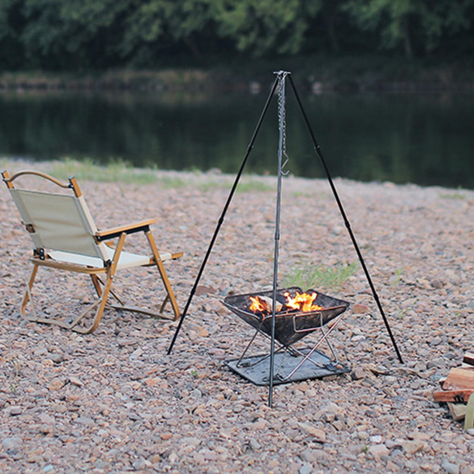 Camping Cooking Pot Tripod - ขาตั้งเตาไฟกลางแจ้งแบบพกพาขนาดใหญ่สำหรับตั้งแคมป์ ใช้สำหรับแขวนหม้อปรุงอาหาร ปรับระดับได้ พร้อมโซ่แขวน