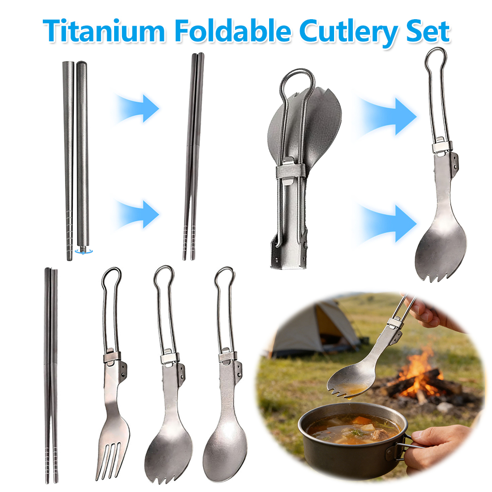 Camp Spork Set - ชุดช้อนส้อมไทเทเนียมแบบพับได้ ชุดช้อนส้อมไทเทเนียมบริสุทธิ์น้ำหนักเบา ทนต่ออุณหภูมิสูง สำหรับการตั้งแคมป์ เดินป่า ปิกนิก