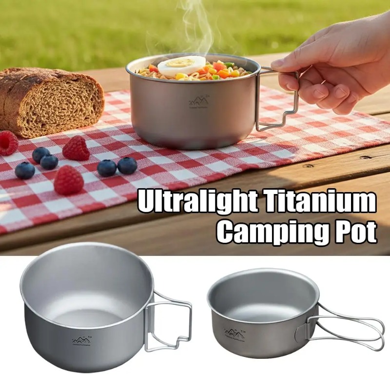 Camping Cooking Noodles - หม้อตั้งแคมป์ไทเทเนียมน้ำหนักเบาพิเศษแบบพับได้แบบพกพาสำหรับปิกนิก ชามบะหมี่กึ่งสำเร็จรูป อุปกรณ์ทำอาหารสำหรับตั้งแคมป์กลางแจ้ง ใช้งานได้จริง