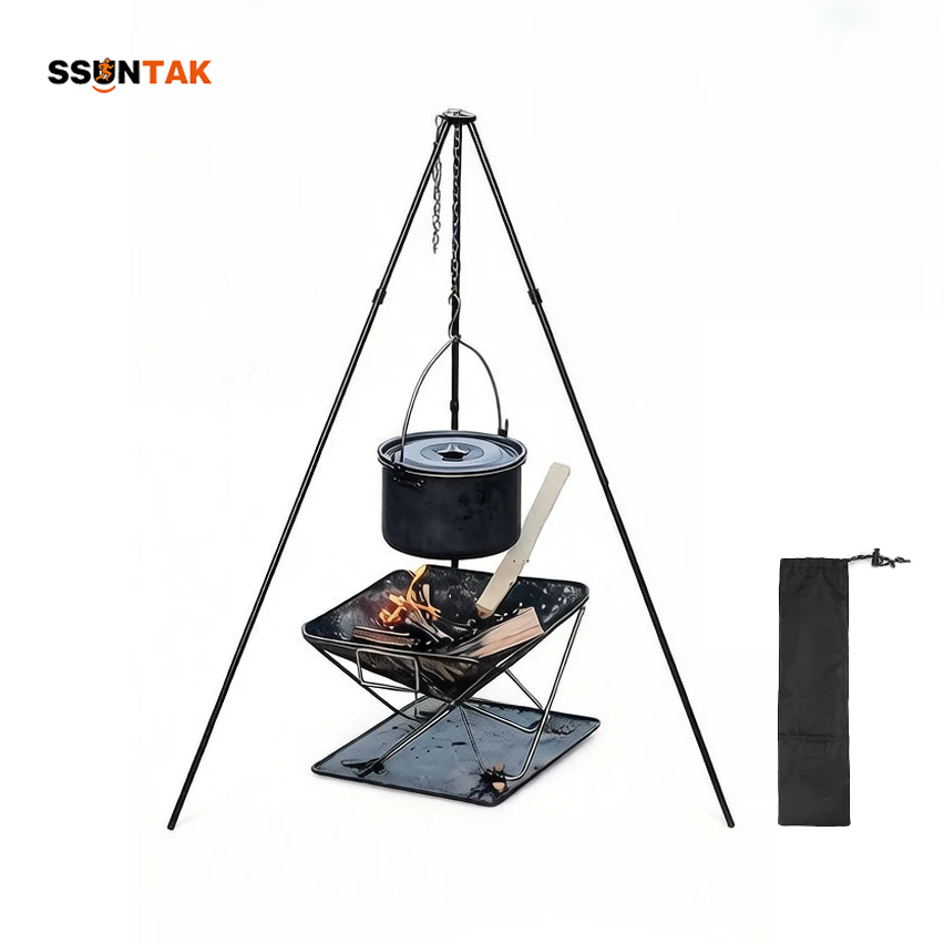 Camping Cooking Pot Tripod - ขาตั้งหม้อแบบพกพา SSUNTAK สำหรับตั้งแคมป์ ปรับระดับได้ ทำจากอลูมิเนียมอัลลอยด์ รูปทรงสามเหลี่ยม