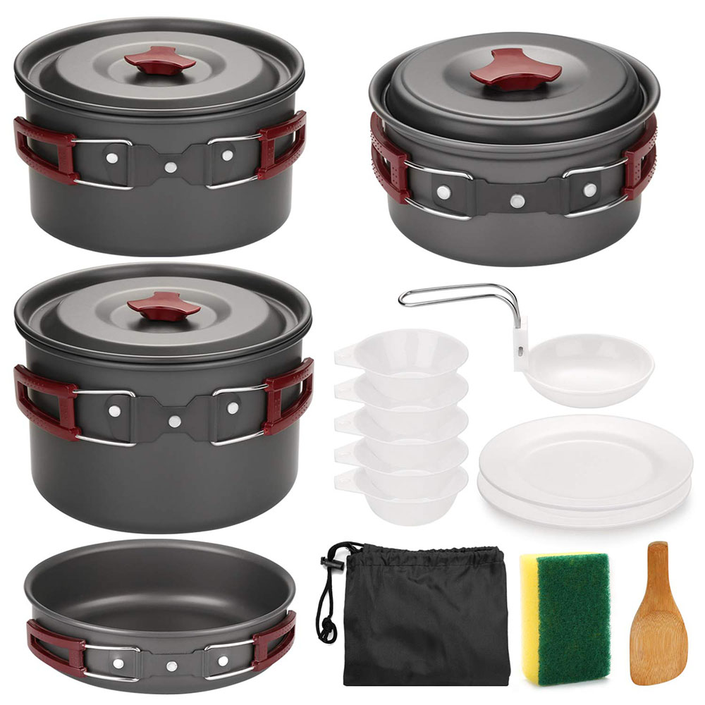 Camping Cooking Utensil Set - ชุดเครื่องครัวตั้งแคมป์กลางแจ้ง Non Stick Camping Pan กระทะน้ําหนักเบาชุดทําอาหารกระทะและหม้อสําหรับเดินป่าเดินป่าปิคนิค
