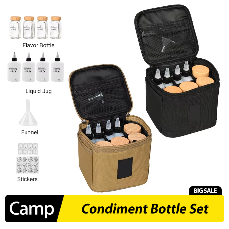Camping Cooking Oil Bottle - ชุดขวดเครื่องปรุงสำหรับตั้งแคมป์กลางแจ้ง กล่องเครื่องปรุงสำหรับปิกนิก ขวดน้ำมัน ขวดแบ่งปริมาณ ฝาไม้ไผ่และไม้ ขวดเครื่องปรุงแบบสุญญากาศ